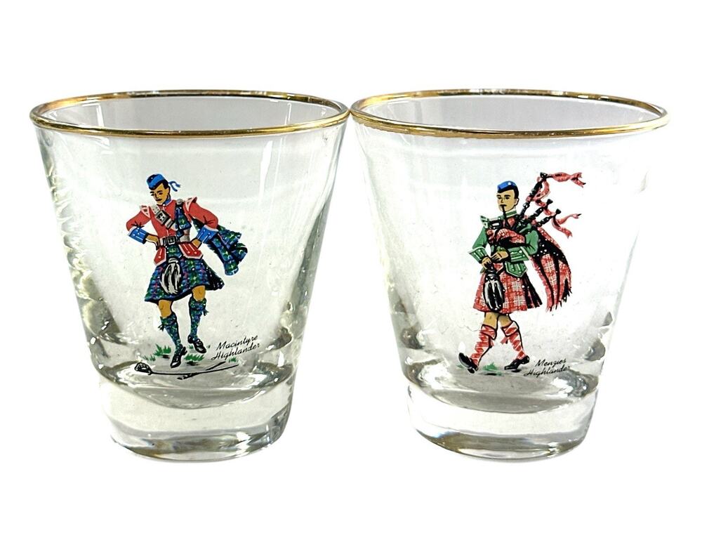 Vintage Scottish Highlander Glasses MacIntyre Menzies Tartan Gold Rim Set 2